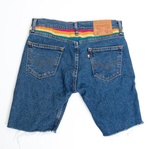 Levis 511 Shorts Blue Denim Pride Rainbow Stonewall Raw Hem Embroidered Size 30 - Picture 1 of 13